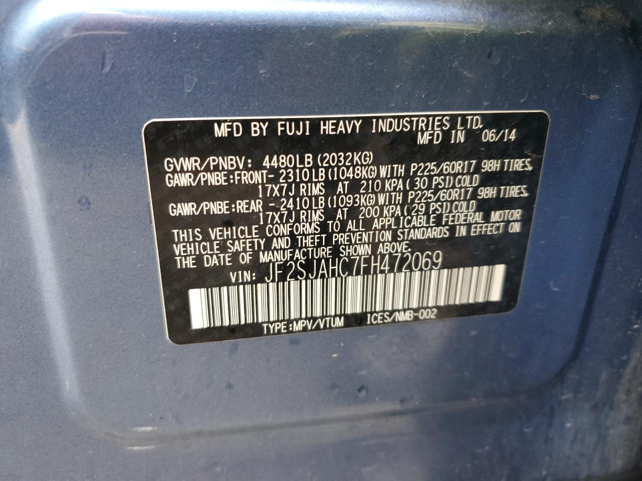 2015 Subaru Forester VIN JF2SJAHC7FH472069 Copart auction photo, front end / hail damage thumbnail 14