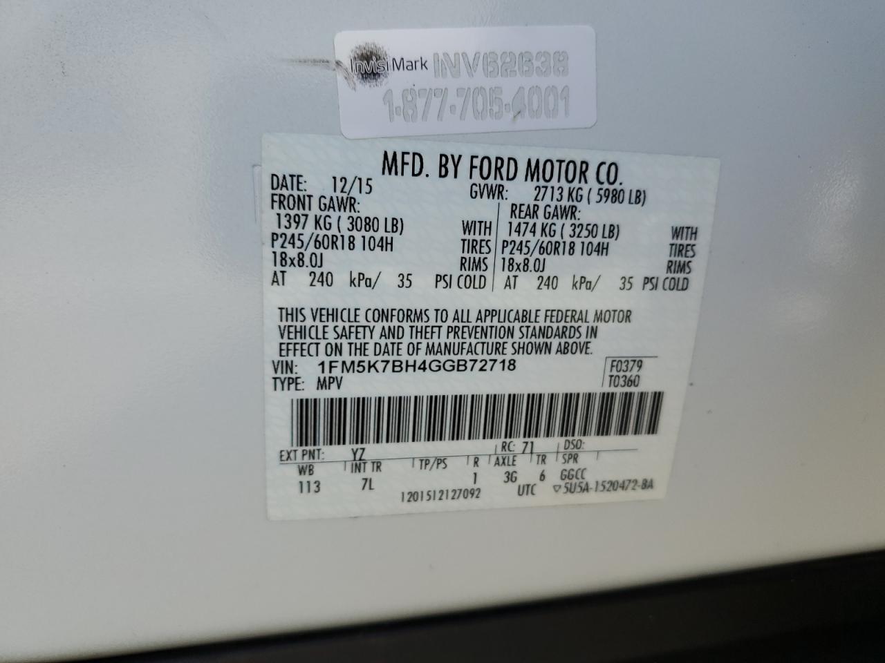 2016 Ford Explorer VIN 1FM5K7BH4GGB72718 Copart auction photo, front end damage thumbnail 13