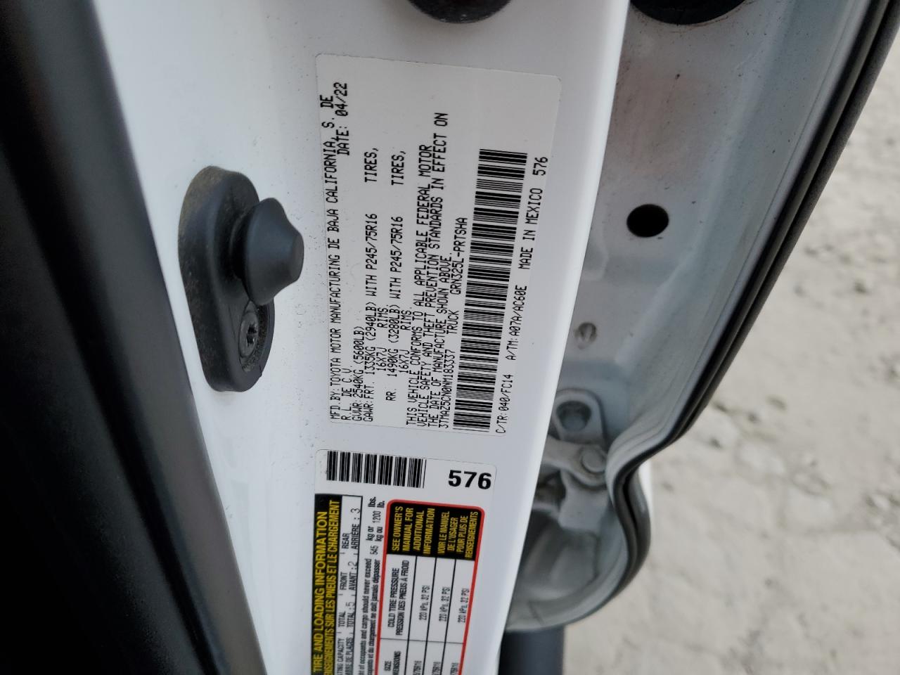 2022 Toyota Tacoma VIN 3TMAZ5CN0NM183337 Copart auction photo, rear end damage thumbnail 12