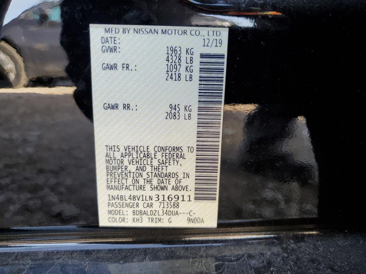 2020 Nissan Altima VIN 1N4BL4BV1LN316911 Copart auction photo, all over damage thumbnail 15