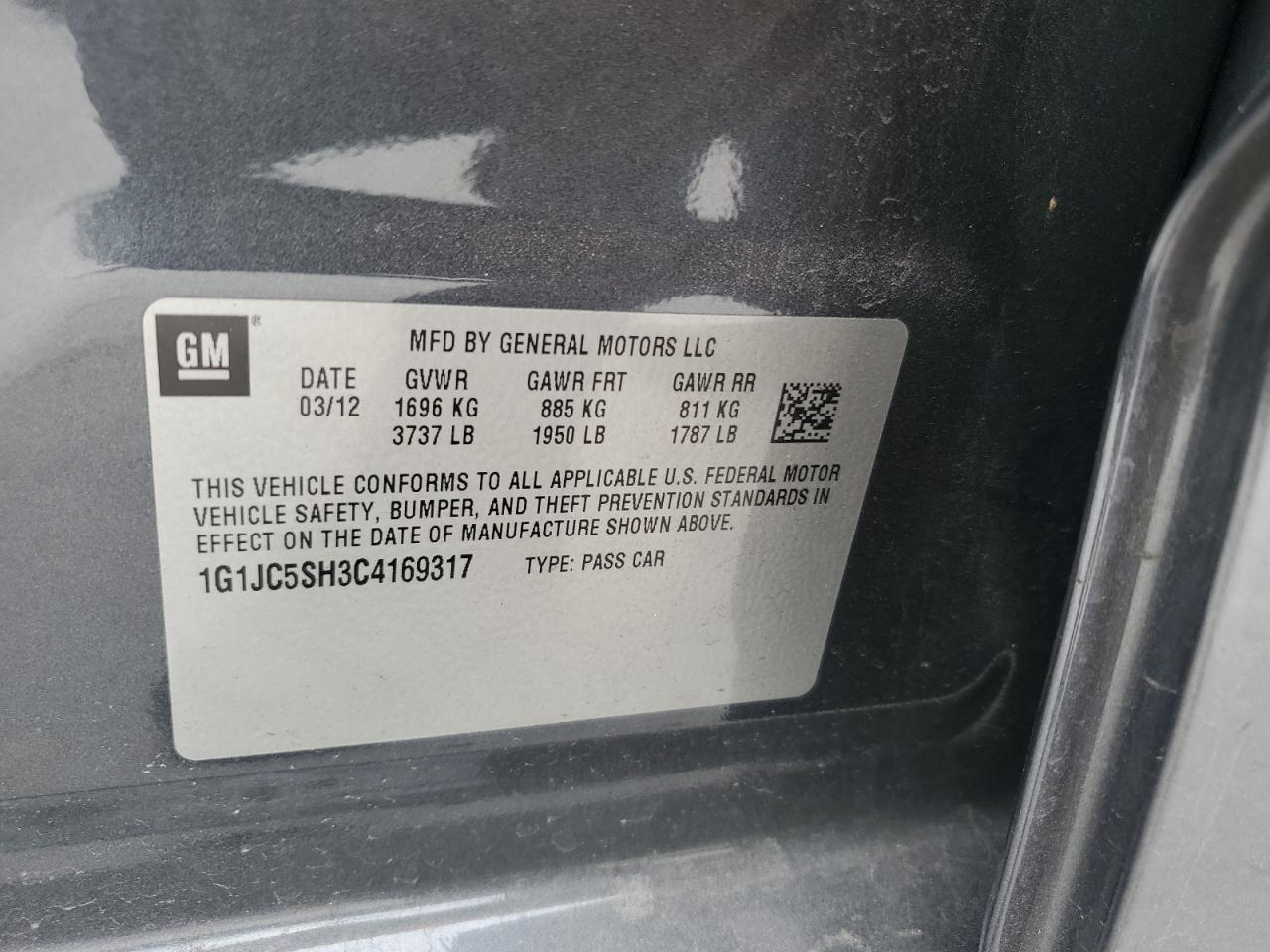 2012 Chevrolet Sonic VIN 1G1JC5SH3C4169317 Copart auction photo, front end damage thumbnail 12