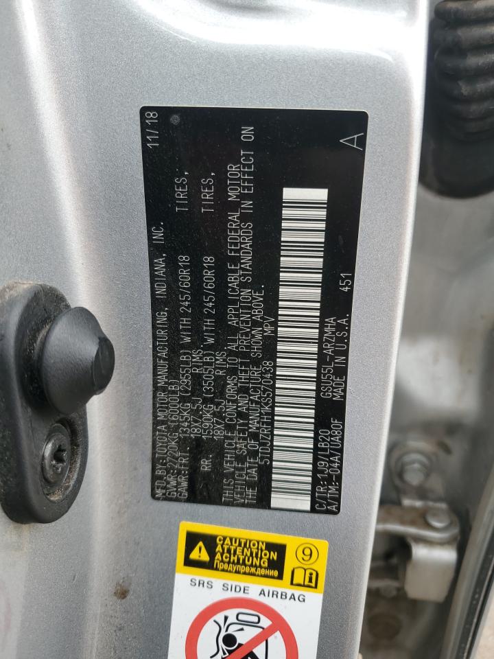 2019 Toyota Highlander VIN 5TDJZRFH1KS570438 Copart auction photo, front end / side damage thumbnail 13