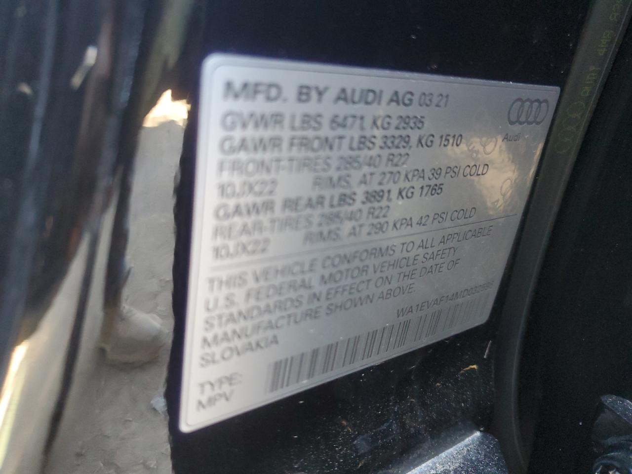 2021 Audi Q8 VIN WA1EVAF14MD032598 Copart auction photo, rear end damage thumbnail 13