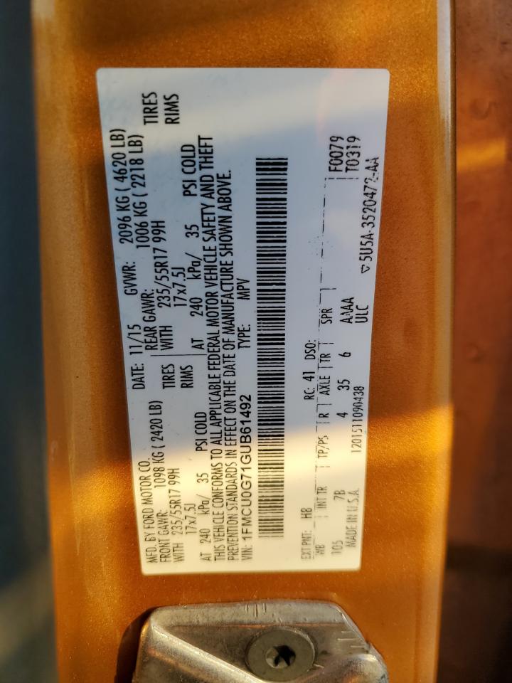 2016 Ford Escape VIN 1FMCU0G71GUB61492 Copart auction photo, side damage thumbnail 13