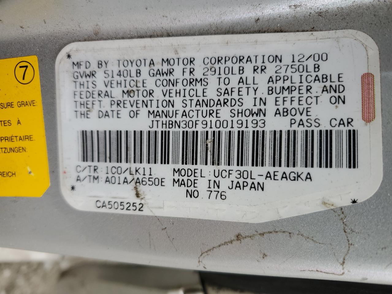 2001 Lexus LS VIN JTHBN30F910019193 Copart auction photo, rear end damage thumbnail 12