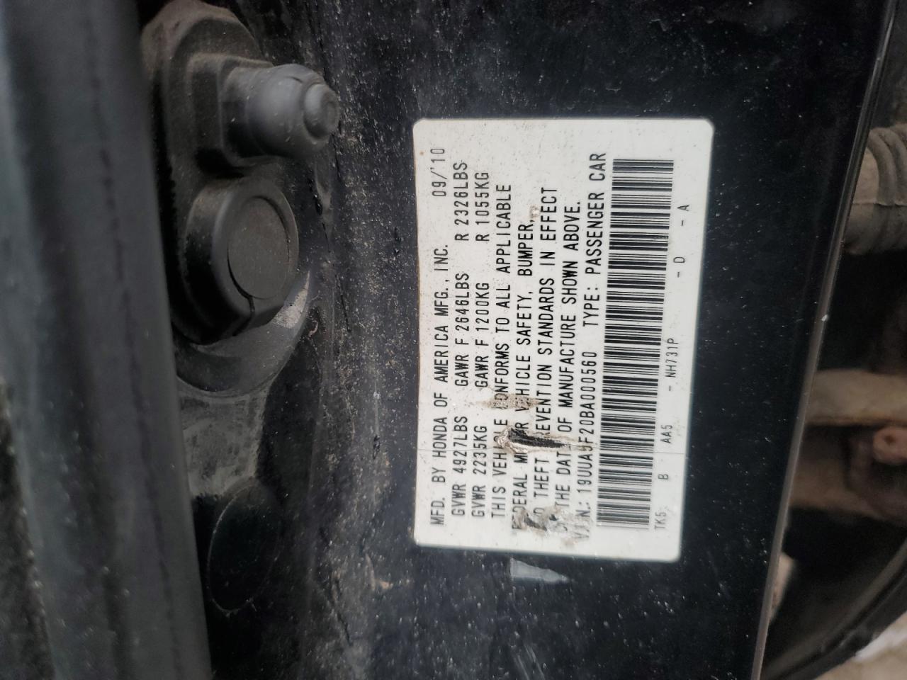 2011 Acura TL VIN 19UUA9F20BA000560 Copart auction photo, all over damage thumbnail 12