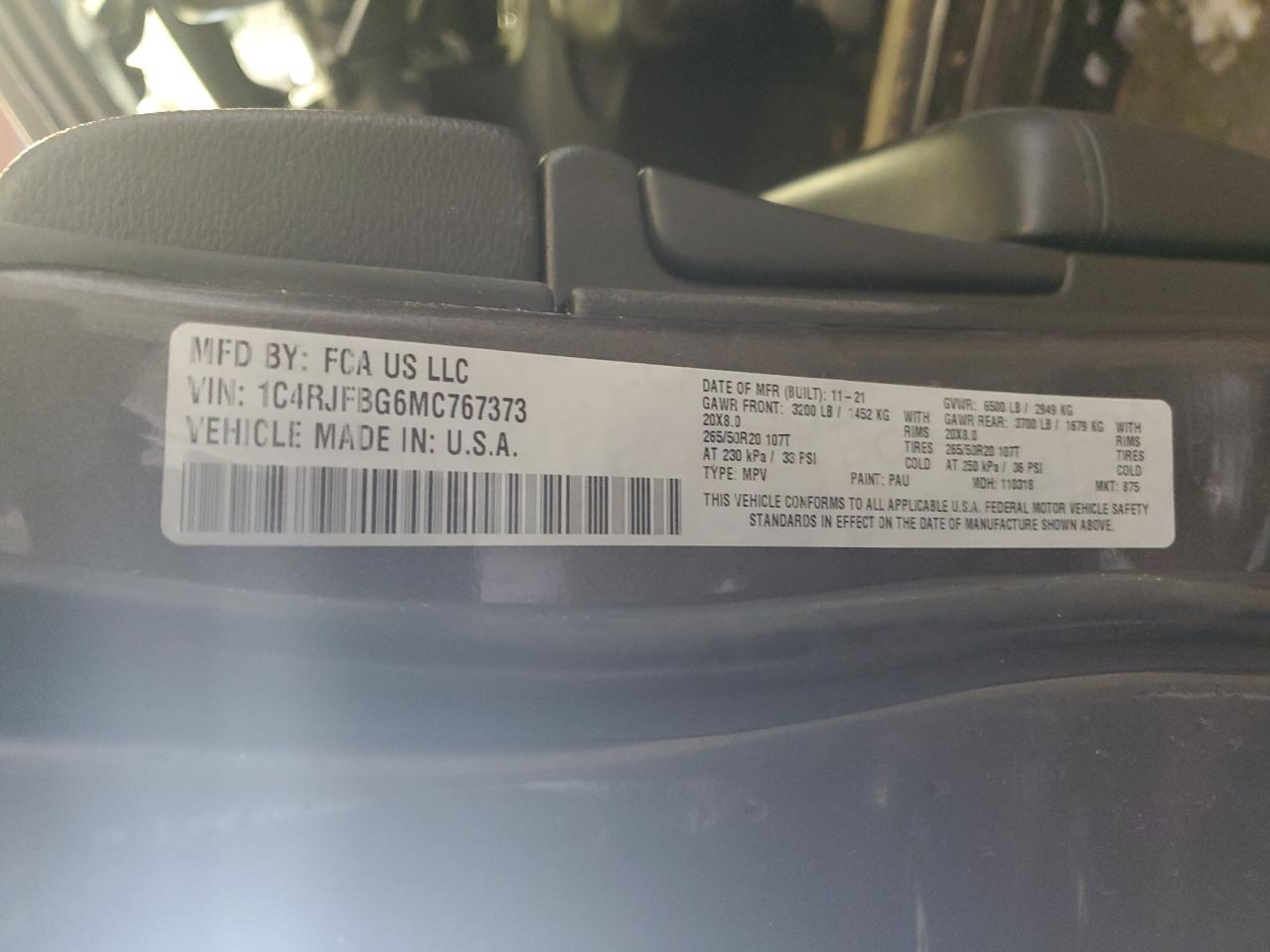 2021 Jeep Grand Cherokee VIN 1C4RJFBG6MC767373 Copart auction photo, all over damage thumbnail 15