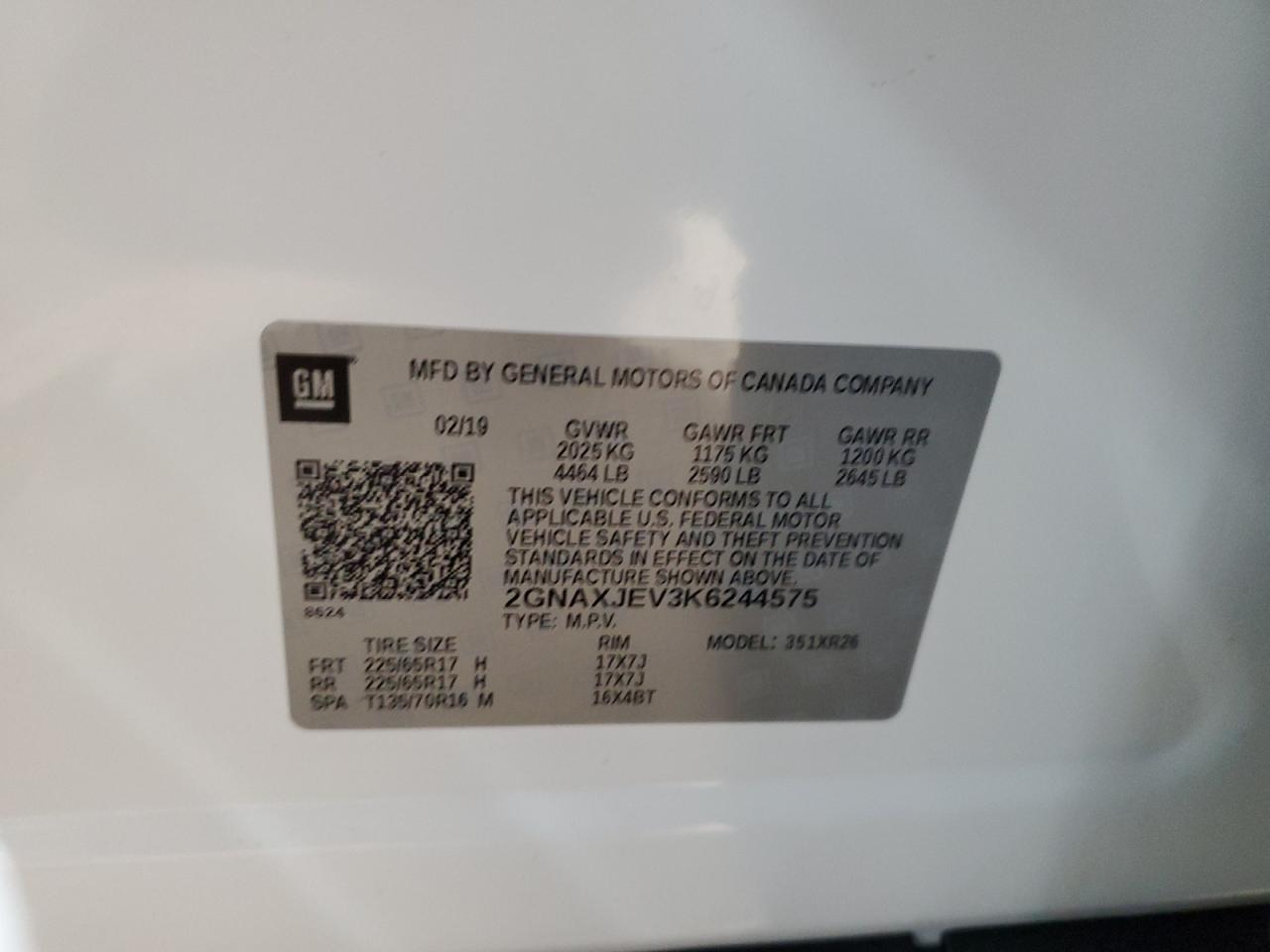 2019 Chevrolet Equinox VIN 2GNAXJEV3K6244575 Copart auction photo, rear end / side damage thumbnail 14