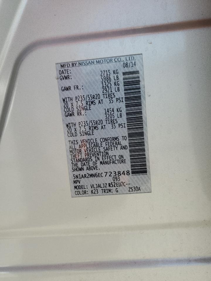 2014 Nissan Pathfinder VIN 5N1AR2MN6EC723848 Copart auction photo, rear end damage thumbnail 14