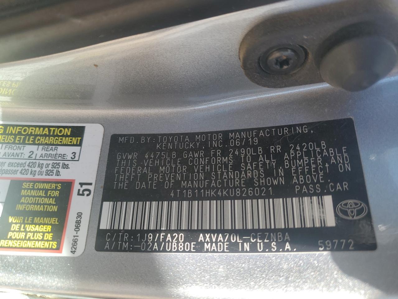 2019 Toyota Camry VIN 4T1B11HK4KU826021 Copart auction photo, water/flood / front end damage thumbnail 12