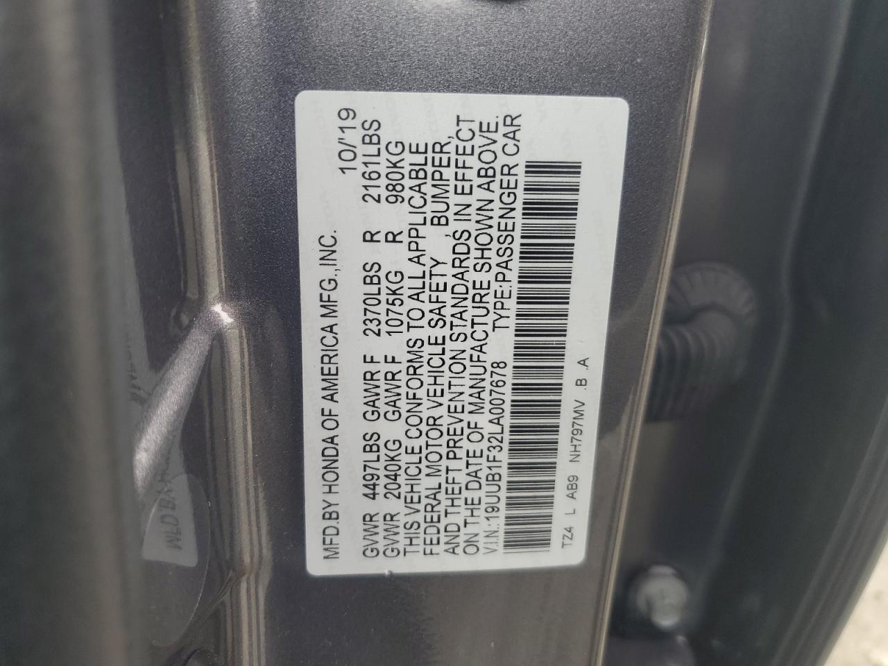 2020 Acura TLX VIN 19UUB1F32LA007678 Copart auction photo, front end damage thumbnail 12