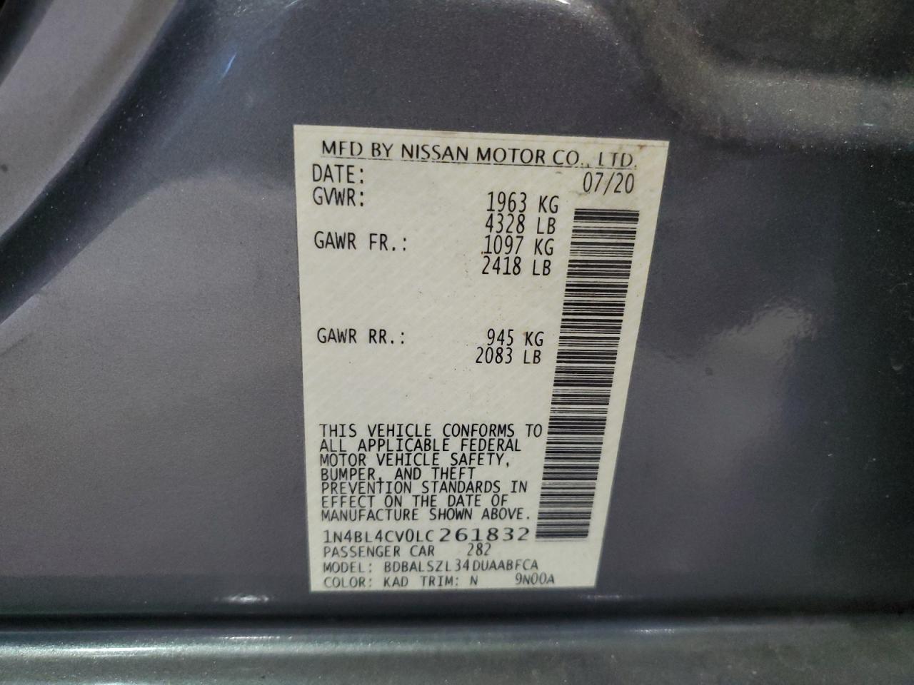 2020 Nissan Altima VIN 1N4BL4CV0LC261832 Copart auction photo, rear end / undercarriage damage thumbnail 14