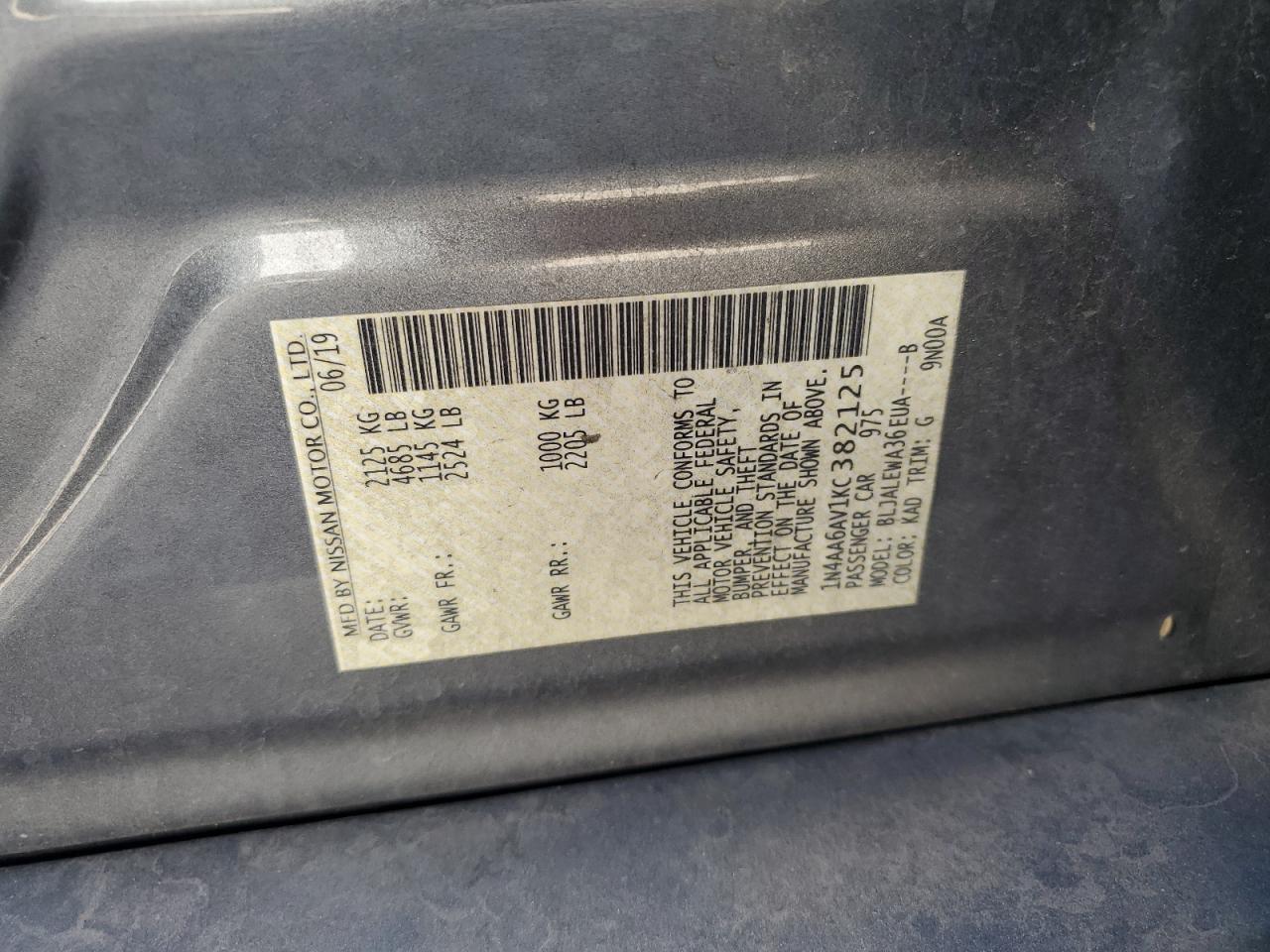 2019 Nissan Maxima VIN 1N4AA6AV1KC382125 Copart auction photo, side / front end damage thumbnail 12