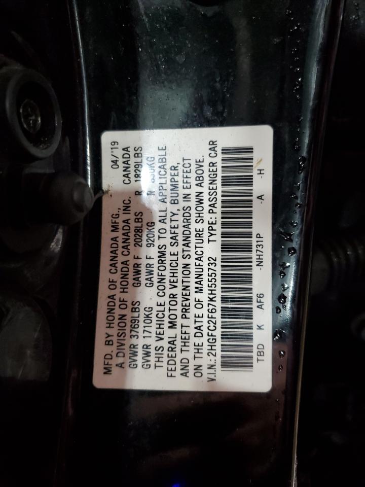 2019 Honda Civic VIN 2HGFC2F67KH555732 Copart auction photo, rear end / front end damage thumbnail 12