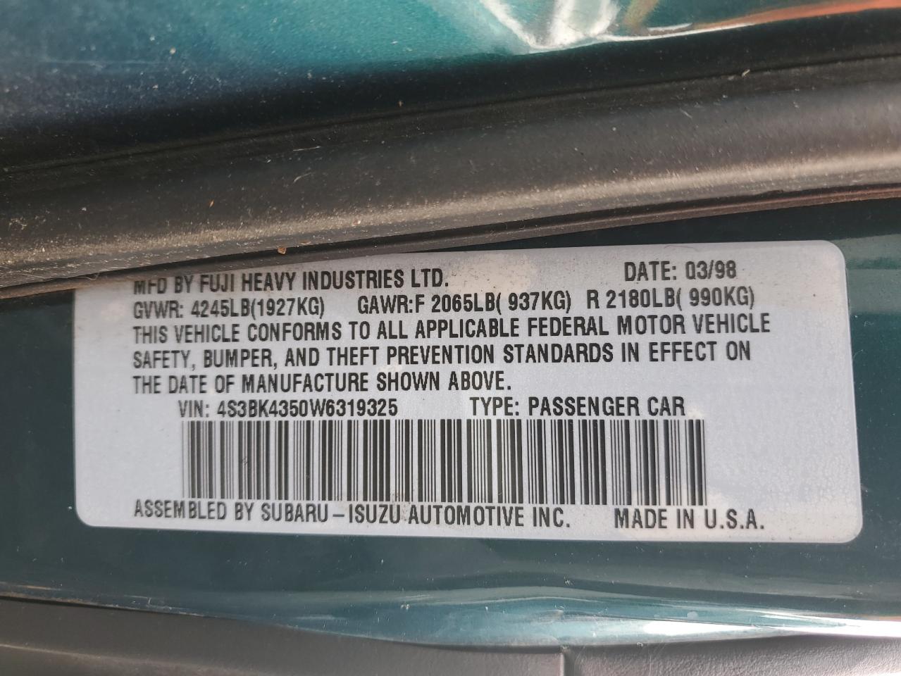 1998 Subaru Legacy VIN 4S3BK4350W6319325 Copart auction photo, all over / undercarriage damage thumbnail 12