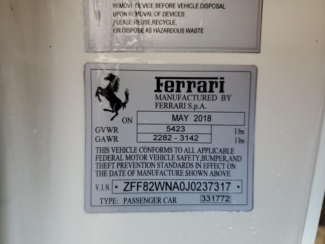 2018 Ferrari GTC4Lusso VIN ZFF82WNA0J0237317 Copart auction photo, water/flood damage thumbnail 14