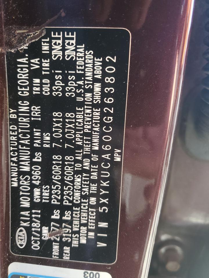2012 KIA Sorento VIN 5XYKUCA60CG263802 Copart auction photo, front end damage thumbnail 15