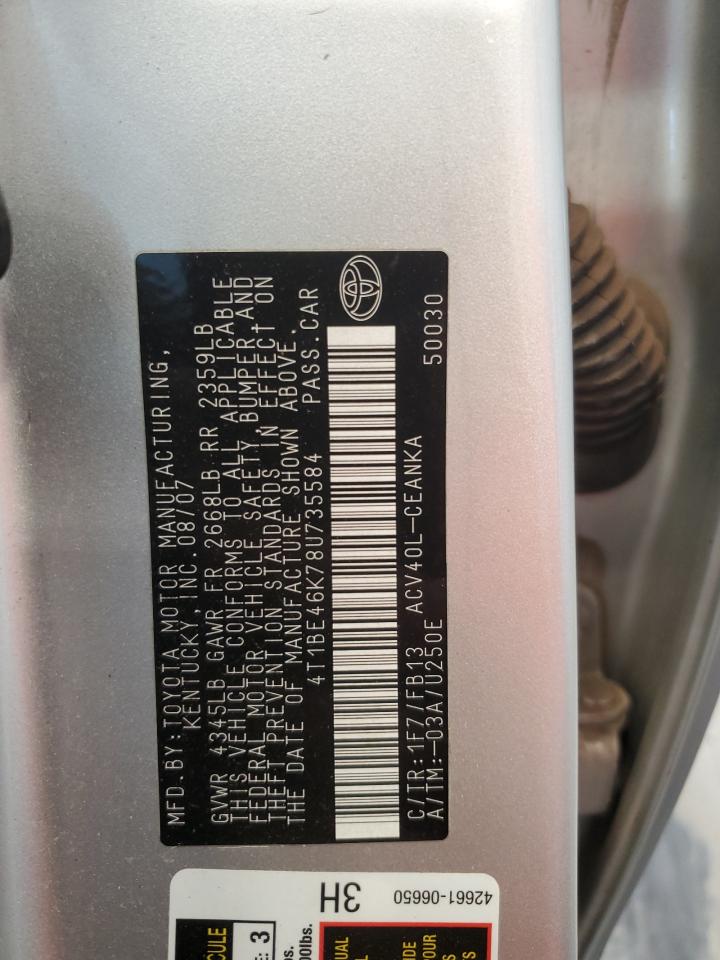 2008 Toyota Camry VIN 4T1BE46K78U735584 Copart auction photo, front end damage thumbnail 12