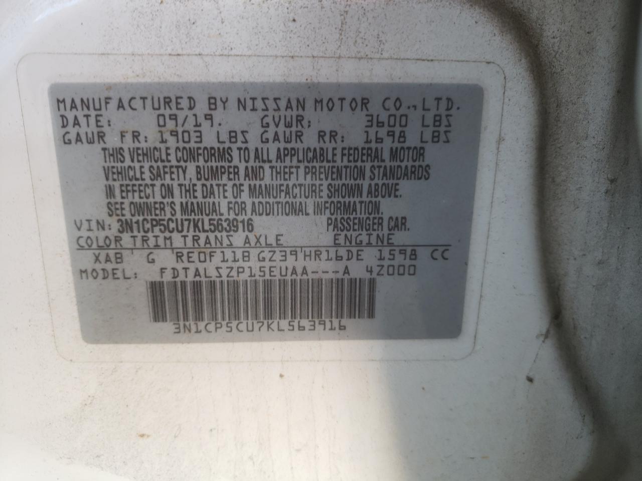 2019 Nissan Kicks VIN 3N1CP5CU7KL563916 Copart auction photo, front end / minor dent/scratches damage thumbnail 14
