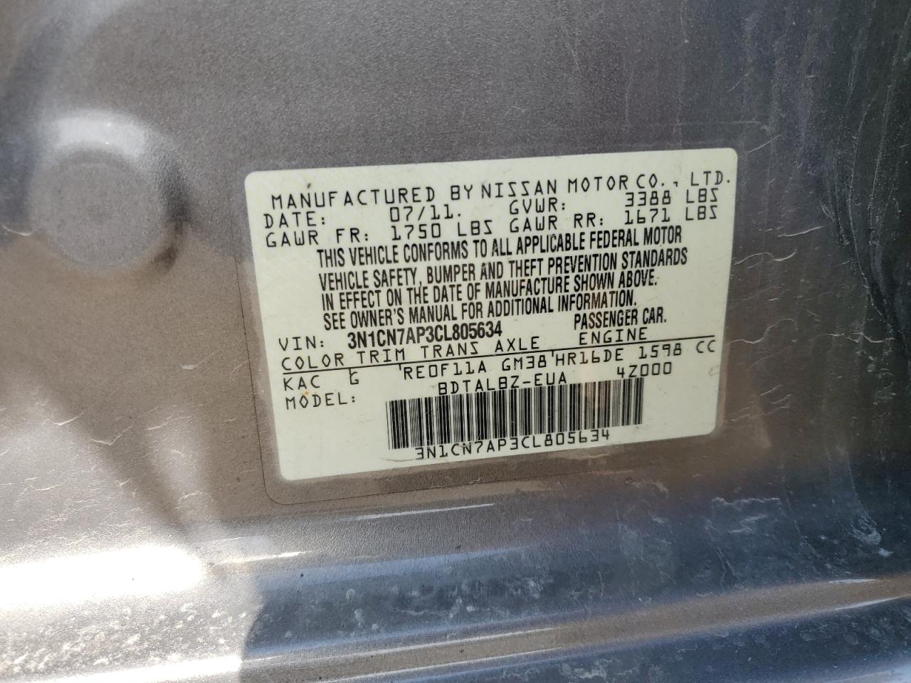 2012 Nissan Versa VIN 3N1CN7AP3CL805634 Copart auction photo, rear end damage thumbnail 12