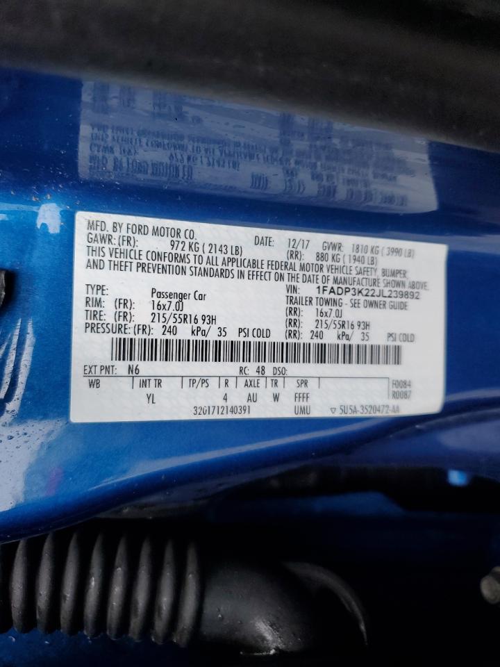 2018 Ford Focus VIN 1FADP3K22JL239892 Copart auction photo, front end / minor dent/scratches damage thumbnail 12