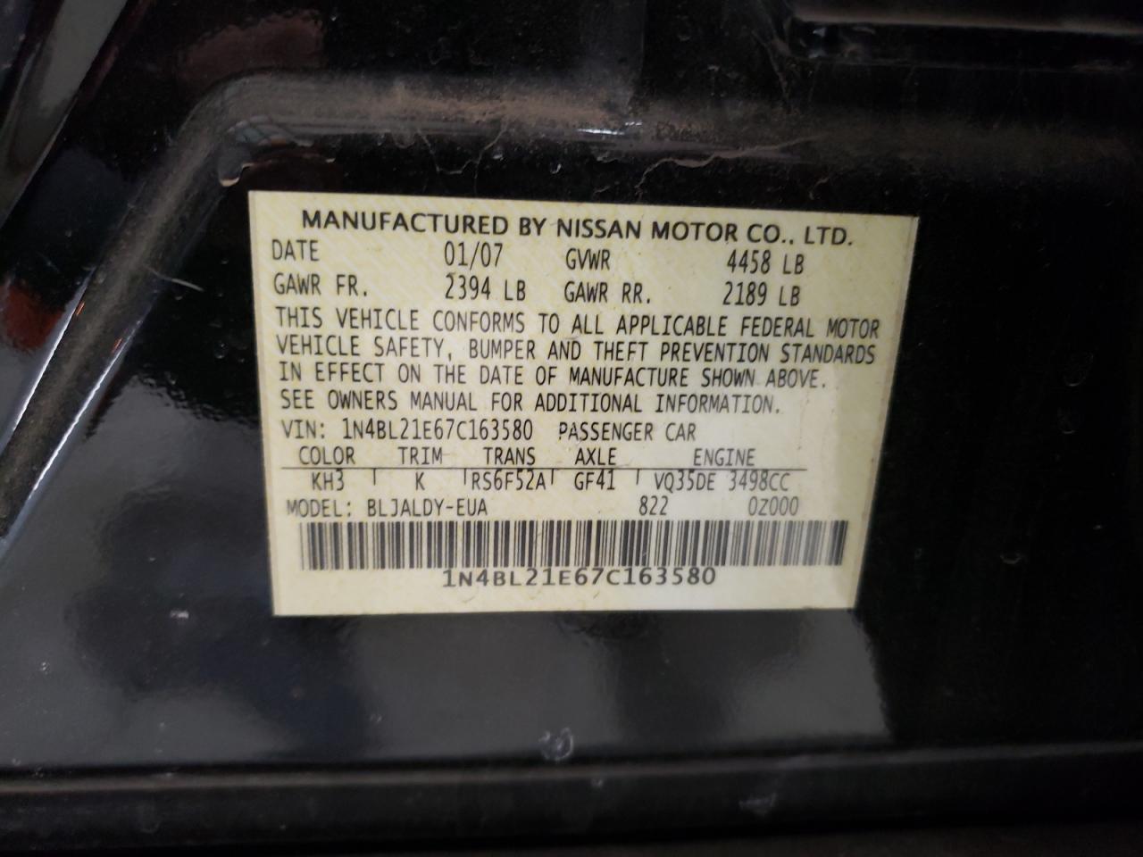2007 Nissan Altima VIN 1N4BL21E67C163580 Copart auction photo, front end / minor dent/scratches damage thumbnail 12