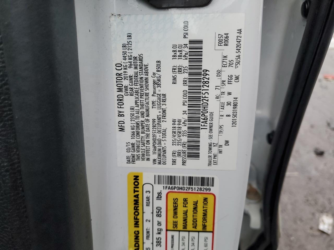 2015 Ford Fusion VIN 1FA6P0HD2F5128299 Copart auction photo, front end damage thumbnail 14