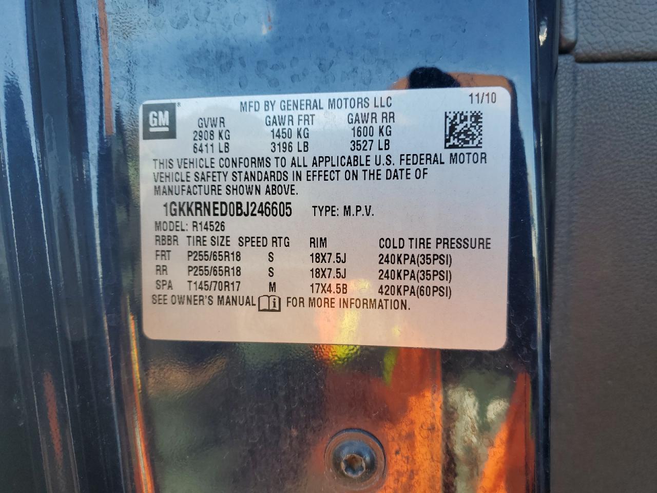 2011 GMC Acadia VIN 1GKKRNED0BJ246605 Copart auction photo, front end damage thumbnail 14