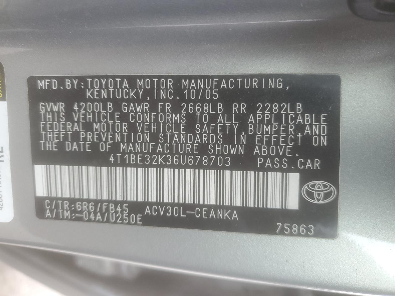 2006 Toyota Camry VIN 4T1BE32K36U678703 Copart auction photo, all over damage thumbnail 12