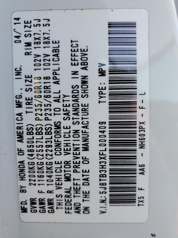 2015 Acura RDX VIN 5J8TB3H3XFL000409 Copart auction photo, front end damage thumbnail 15