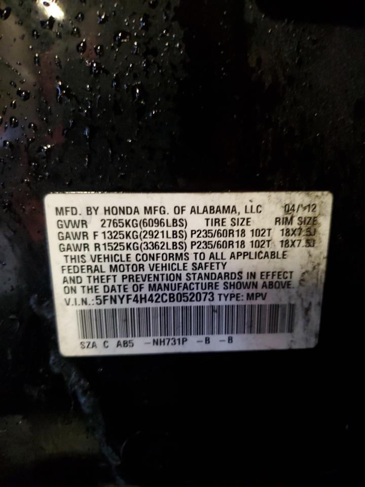 2012 Honda Pilot VIN 5FNYF4H42CB052073 Copart auction photo, front end / undercarriage damage thumbnail 16