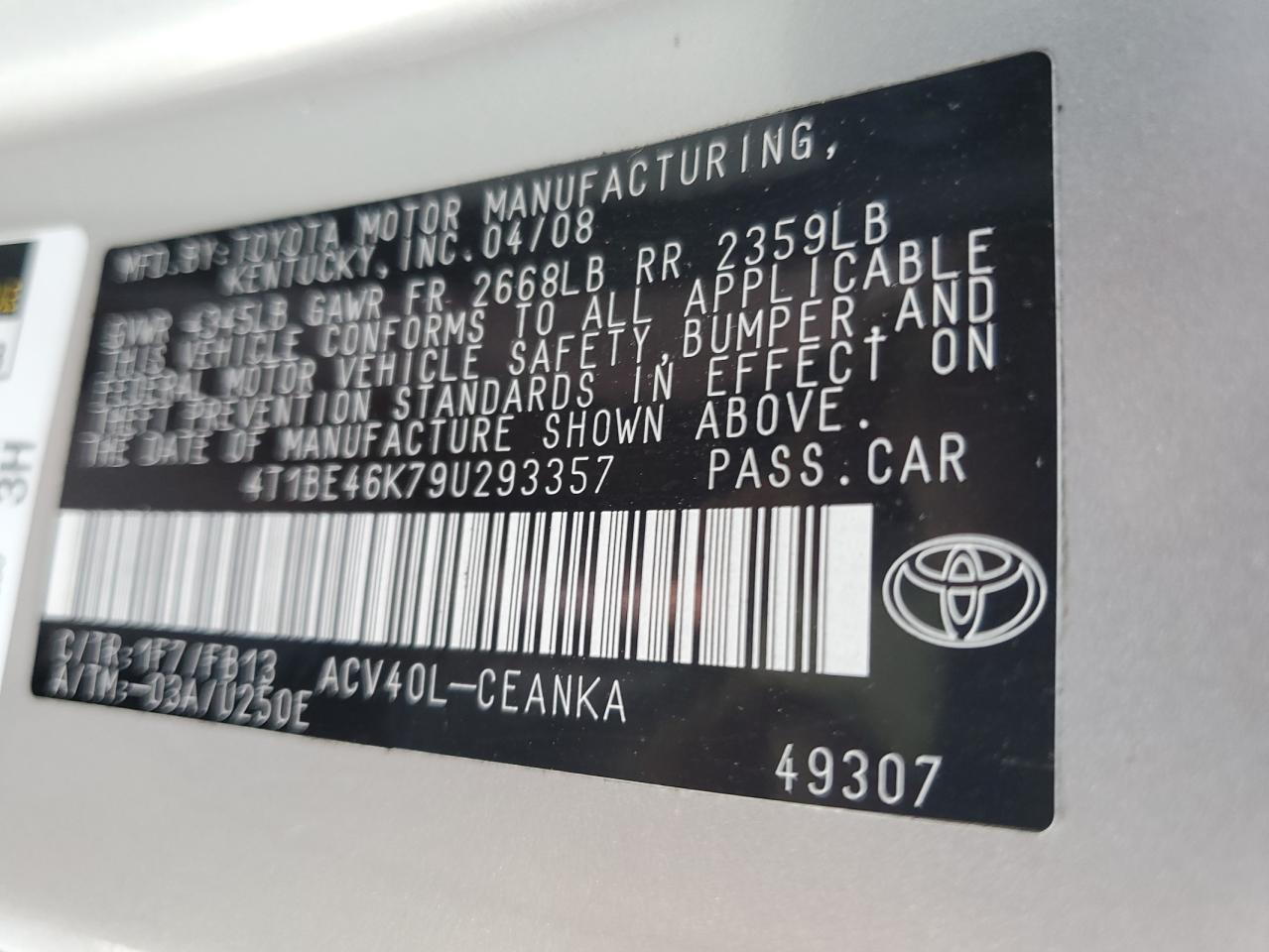 2009 Toyota Camry VIN 4T1BE46K79U293357 Copart auction photo, front end damage thumbnail 14