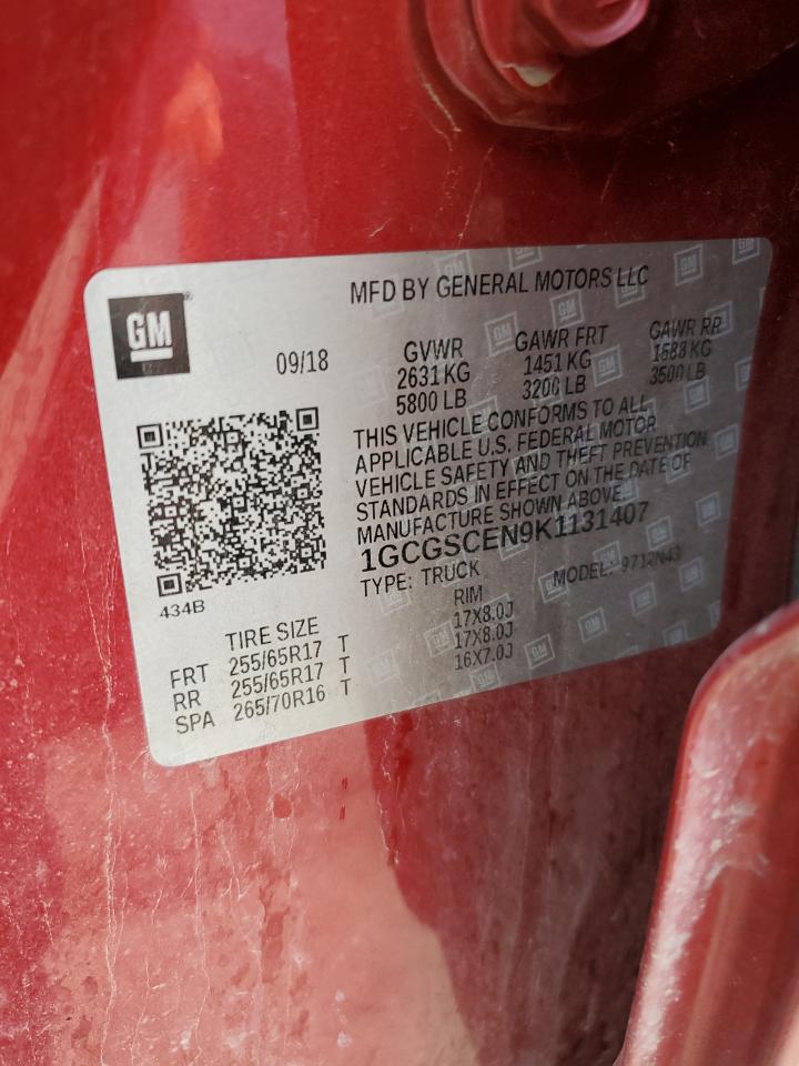2019 Chevrolet Colorado VIN 1GCGSCEN9K1131407 Copart auction photo, rear end / minor dent/scratches damage thumbnail 12