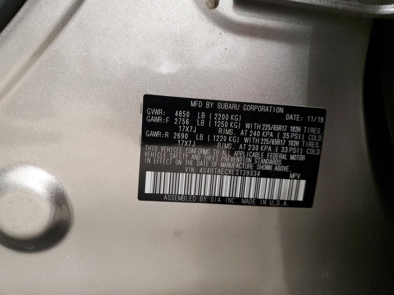 2020 Subaru Outback VIN 4S4BTAECXL3139334 Copart auction photo, burn / minor dent/scratches damage thumbnail 12