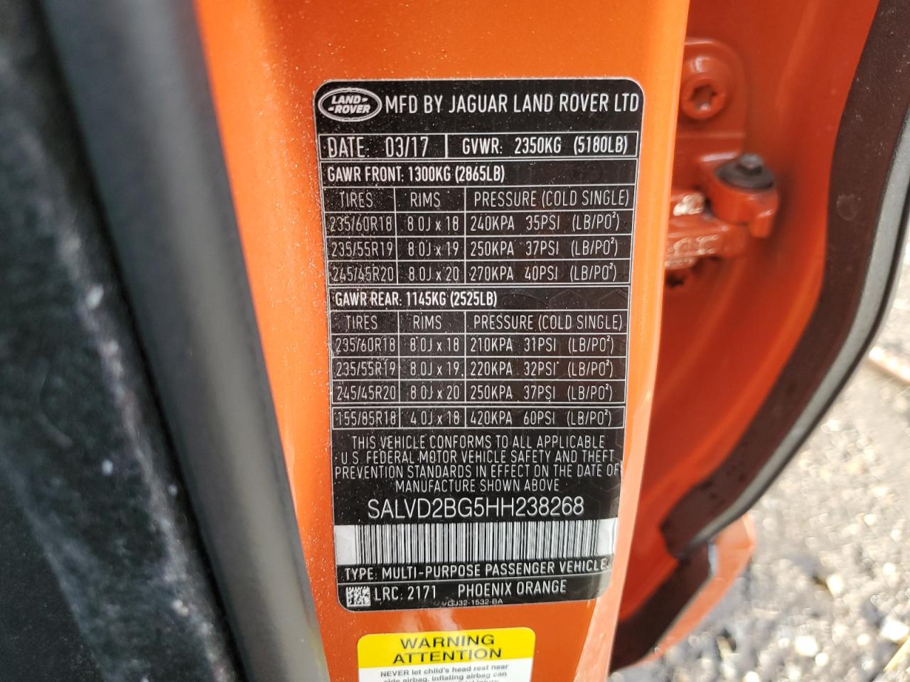 2017 Land Rover Range Rover VIN SALVD2BG5HH238268 Copart auction photo, water/flood damage thumbnail 14