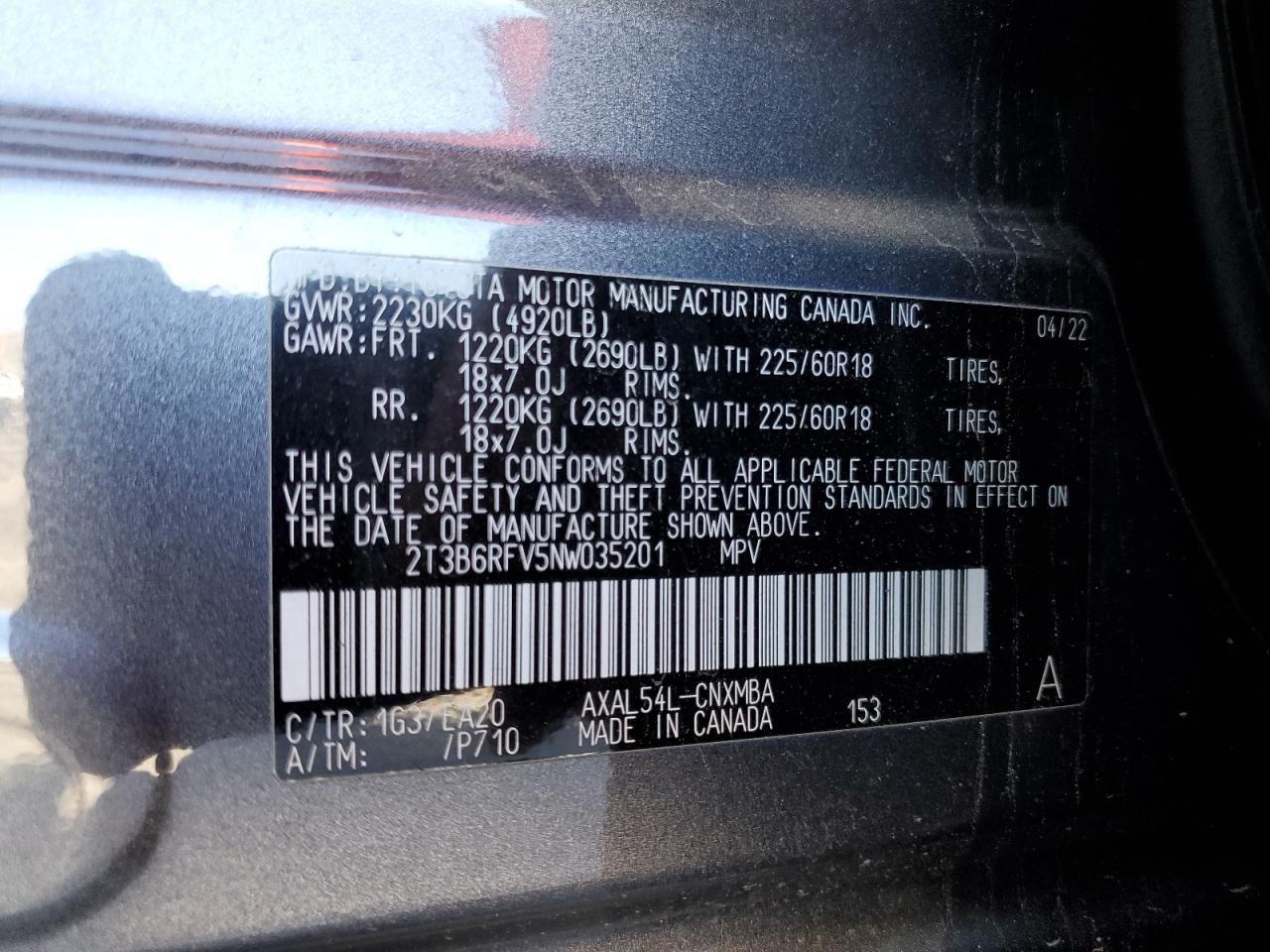 2022 Toyota RAV 4 VIN 2T3B6RFV5NW035201 Copart auction photo, front end / minor dent/scratches damage thumbnail 13