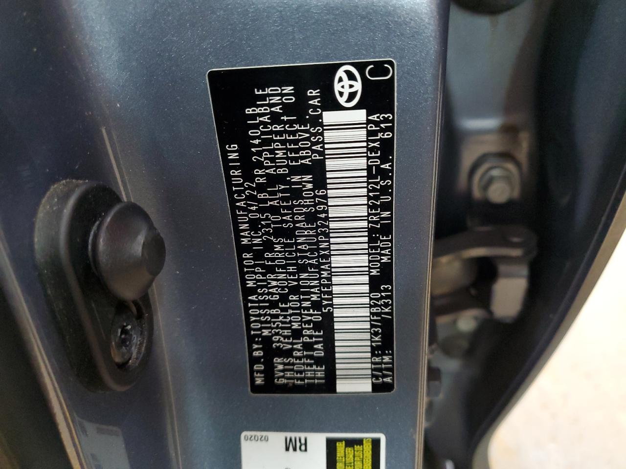 2022 Toyota Corolla VIN 5YFEPMAEXNP324976 Copart auction photo, front end / side damage thumbnail 14