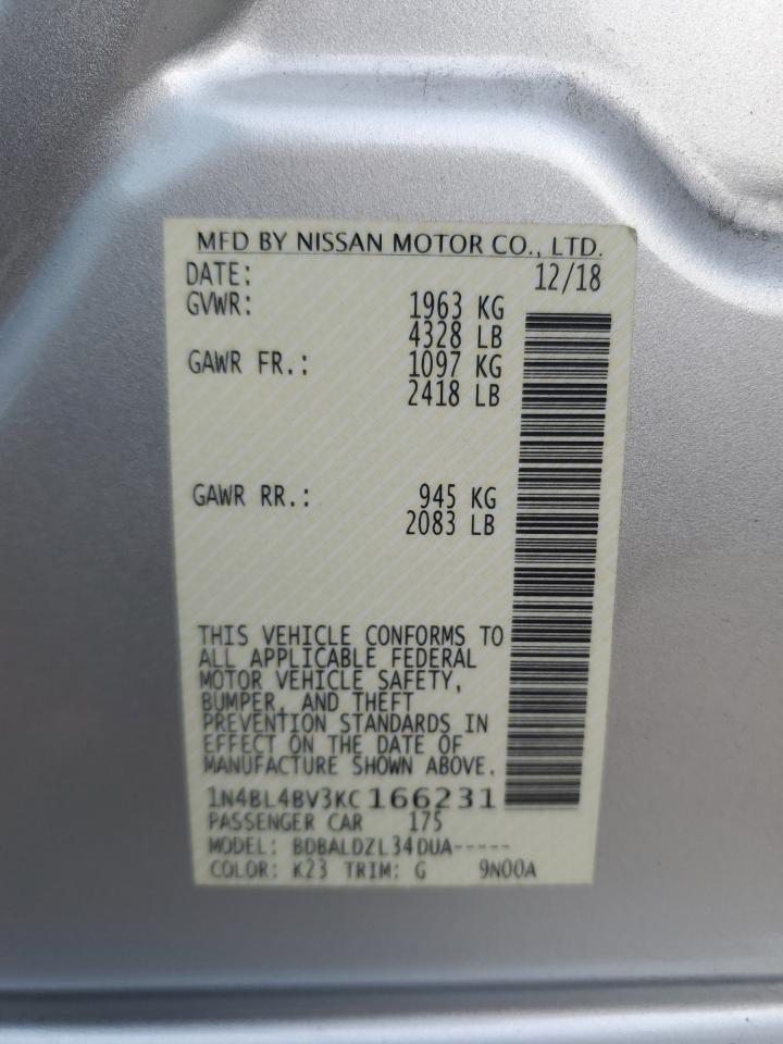 2019 Nissan Altima VIN 1N4BL4BV3KC166231 Copart auction photo, rear end / minor dent/scratches damage thumbnail 12