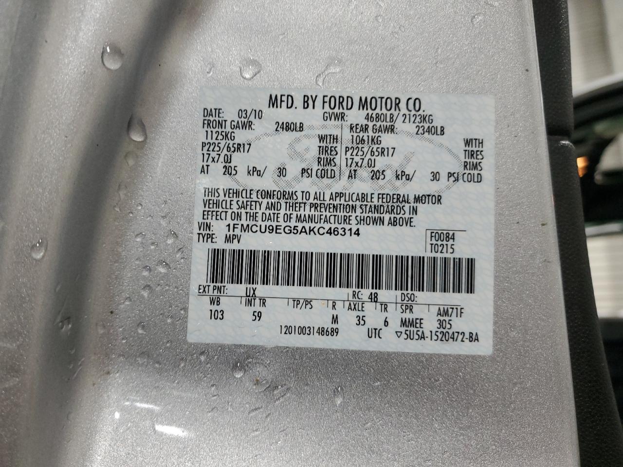 2010 Ford Escape VIN 1FMCU9EG5AKC46314 Copart auction photo, all over damage thumbnail 13