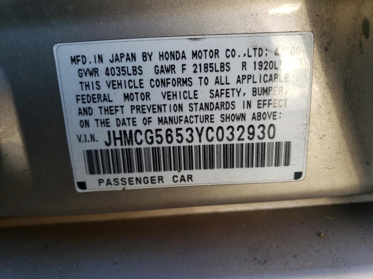 2000 Honda Accord VIN JHMCG5653YC032930 Copart auction photo, all over damage thumbnail 12