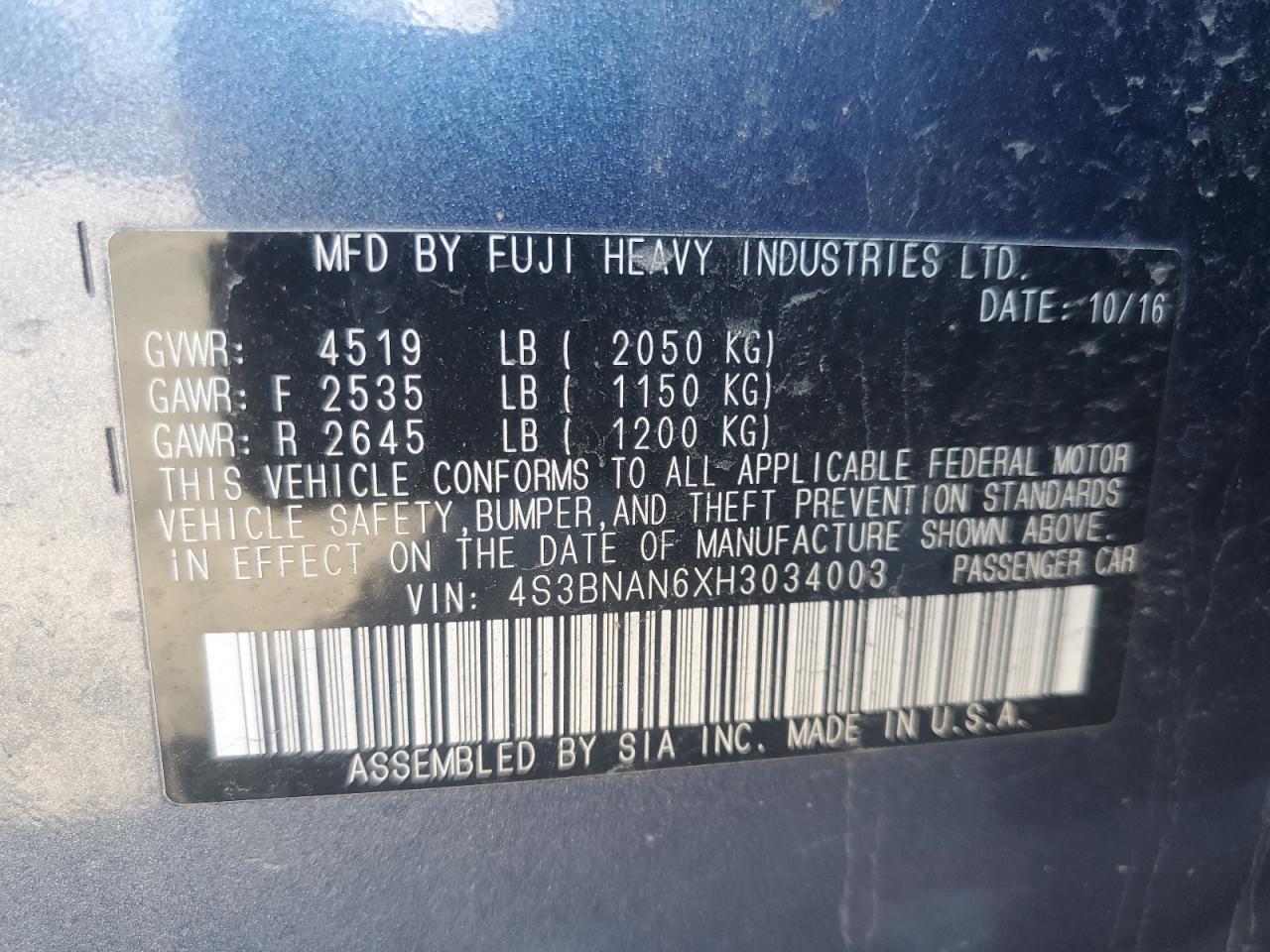 2017 Subaru Legacy VIN 4S3BNAN6XH3034003 Copart auction photo, biohazard/chemical / side damage thumbnail 12
