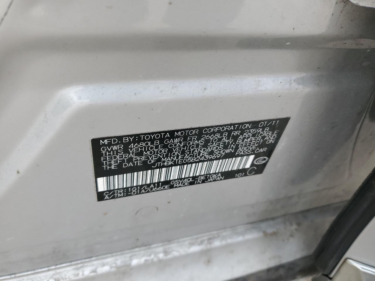 2011 Lexus ES VIN JTHBK1EG5B2439697 Copart auction photo, front end damage thumbnail 12