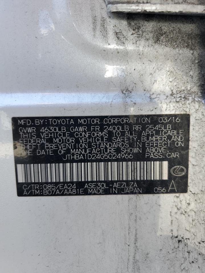 2016 Lexus IS VIN JTHBA1D24G5024966 Copart auction photo, front end damage thumbnail 13