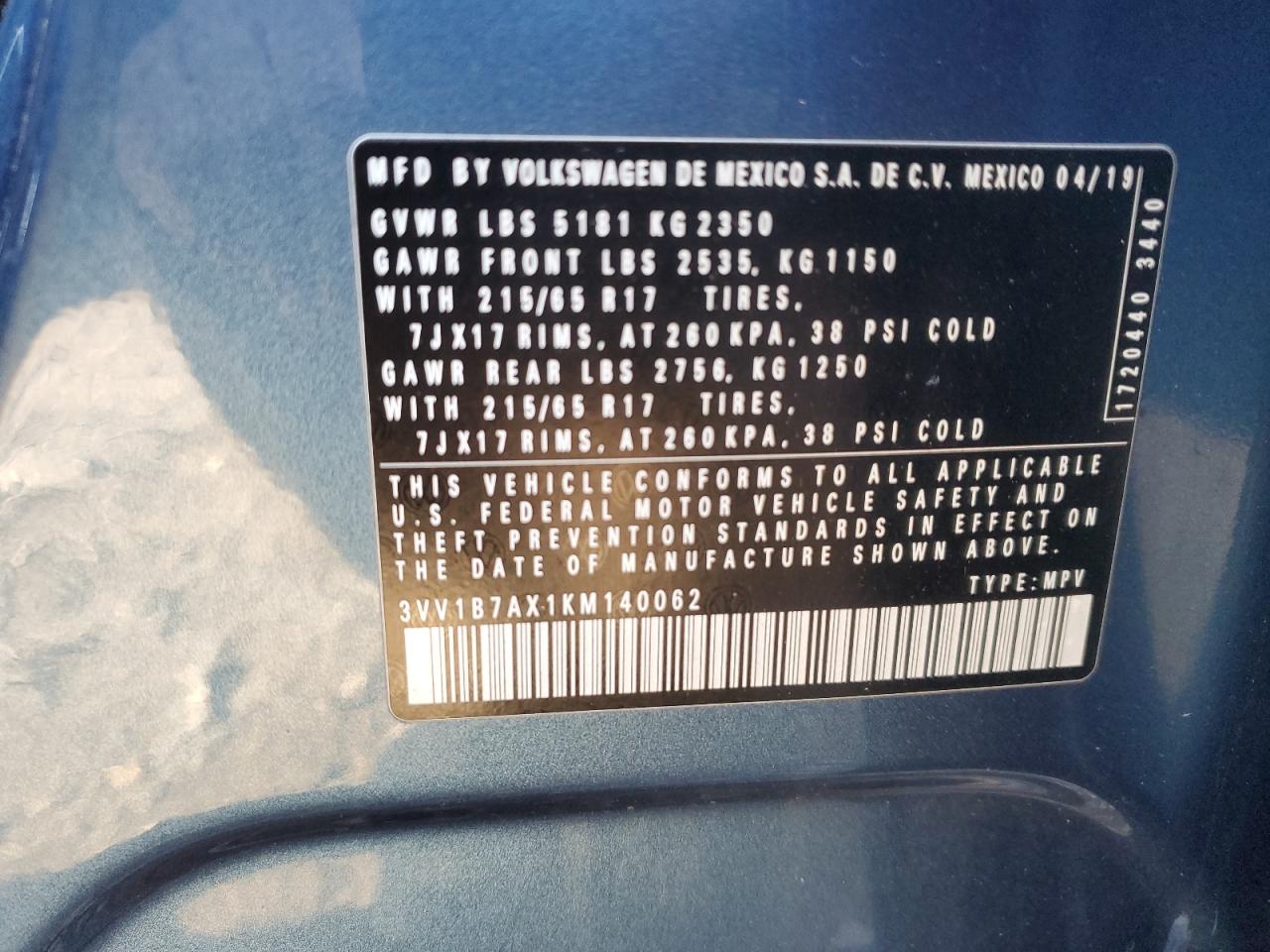 2019 Volkswagen Tiguan VIN 3VV1B7AX1KM140062 Copart auction photo, mechanical / front end damage thumbnail 14