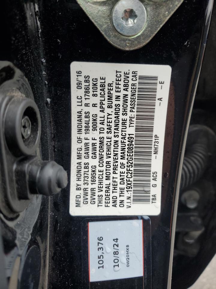 2016 Honda Civic VIN 19XFC2F52GE089491 Copart auction photo, rear end / front end damage thumbnail 13