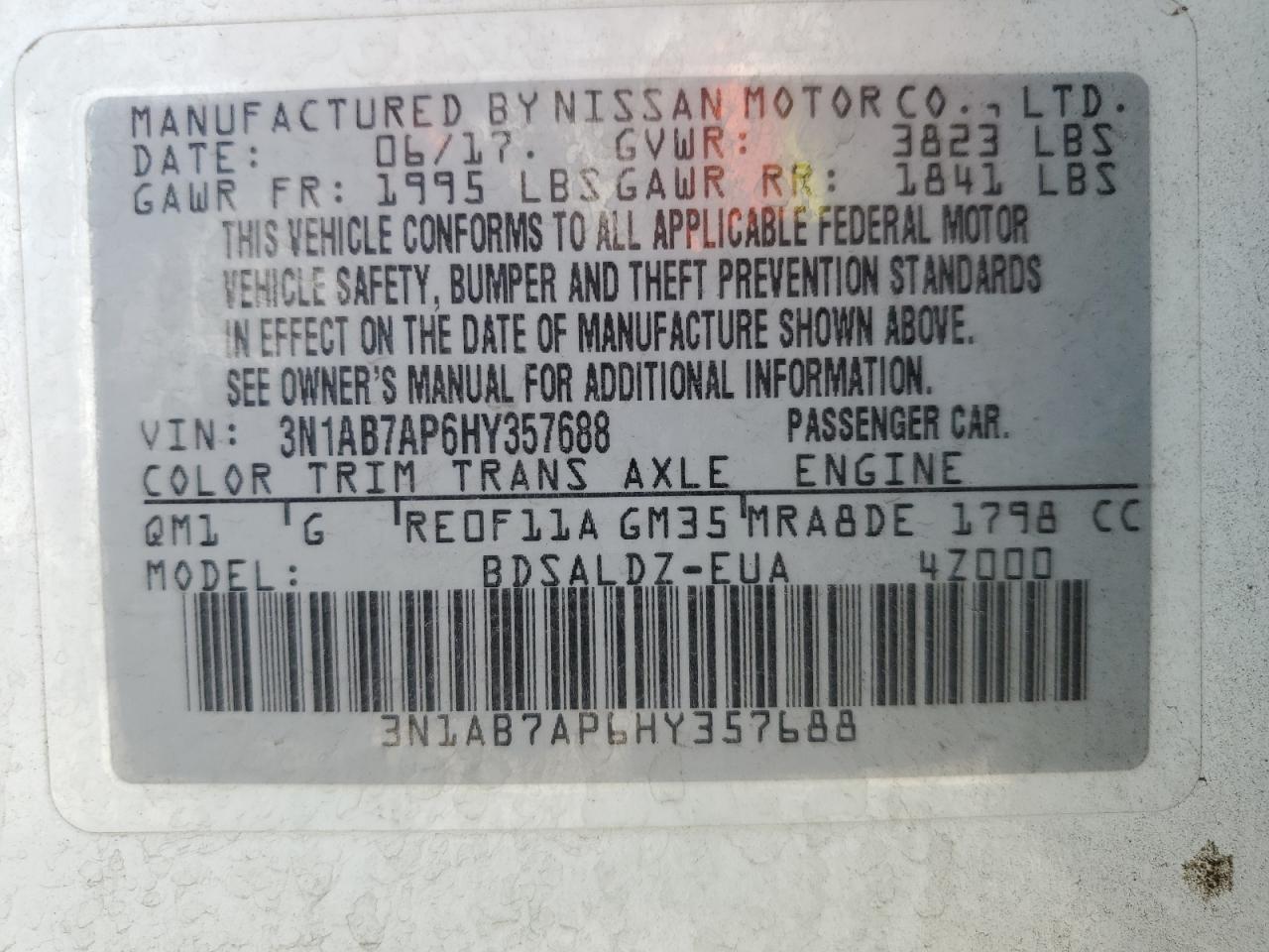 2017 Nissan Sentra VIN 3N1AB7AP6HY357688 Copart auction photo, front end damage thumbnail 14
