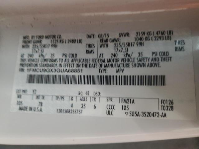2016 Ford Escape VIN 1FMCU9GX3GUA68851 Copart auction photo, front end damage thumbnail 13