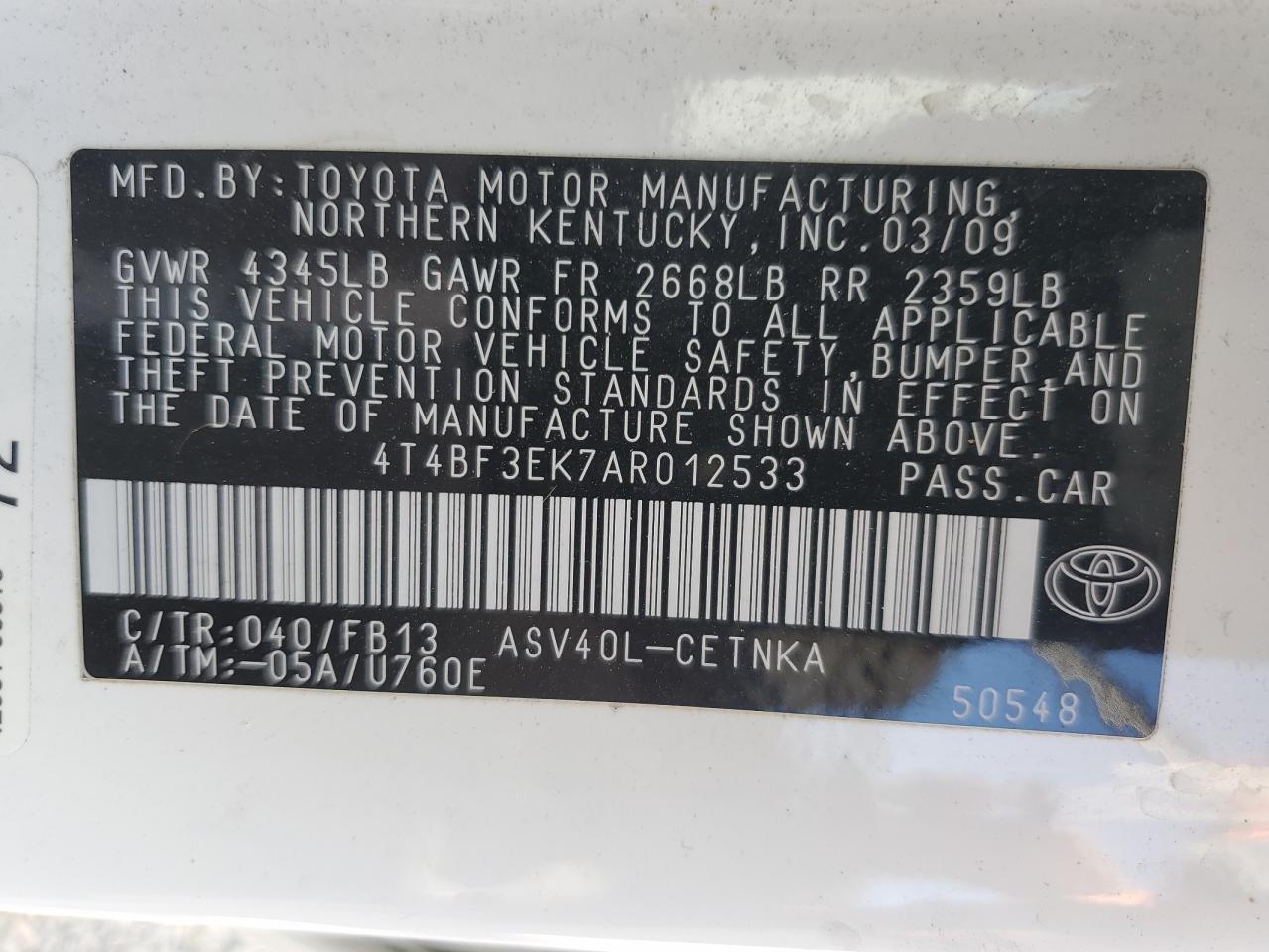 2010 Toyota Camry VIN 4T4BF3EK7AR012533 Copart auction photo, front end / rear end damage thumbnail 12