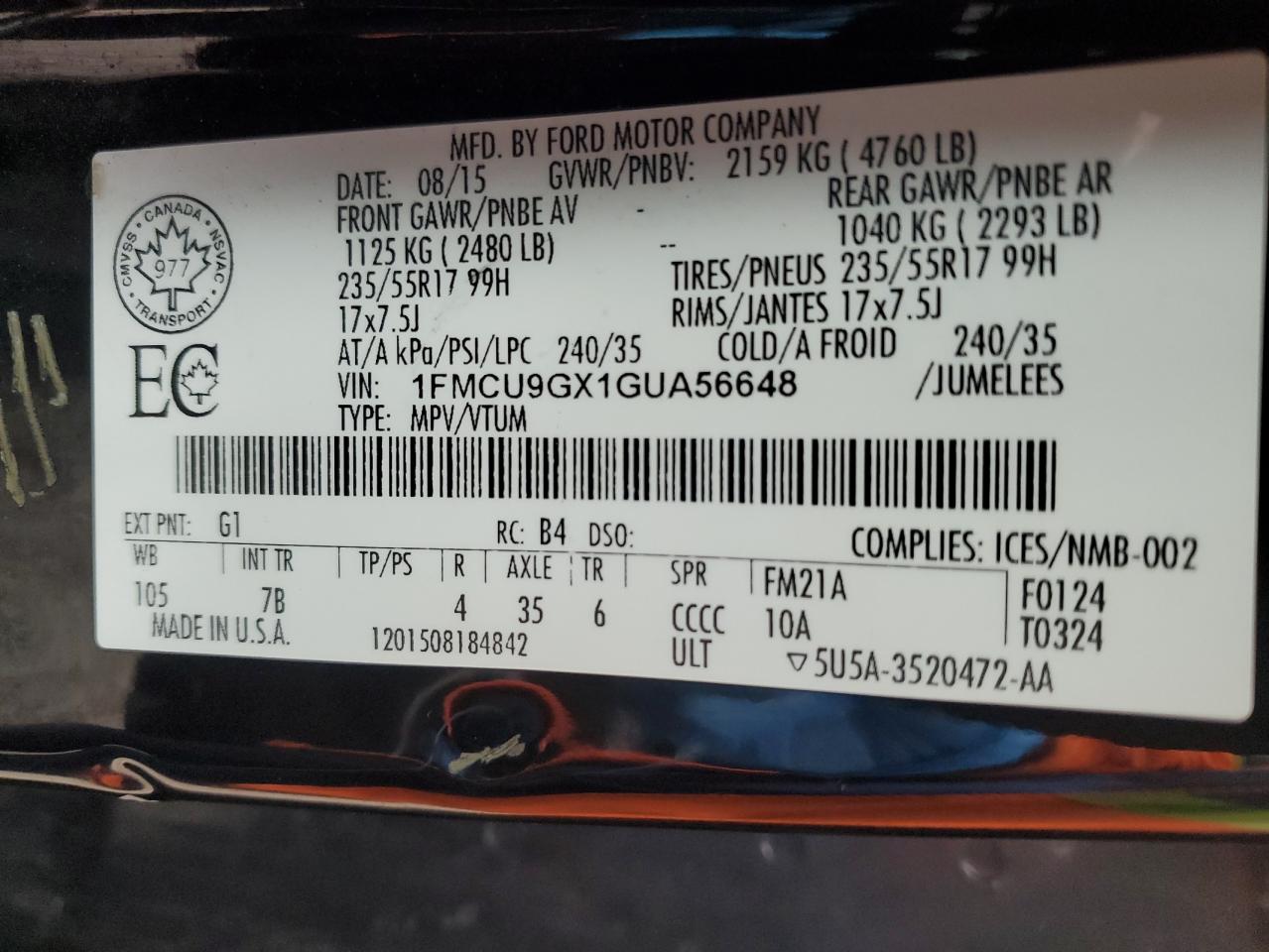2016 Ford Escape VIN 1FMCU9GX1GUA56648 Copart auction photo, undercarriage / front end damage thumbnail 12