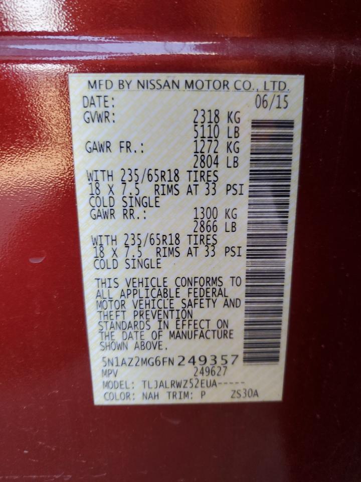 2015 Nissan Murano VIN 5N1AZ2MG6FN249357 Copart auction photo, side / front end damage thumbnail 15